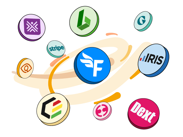 FreeAgent logo surrounded by floating icons of integrated partner apps like Dext, Stripe, Iris.