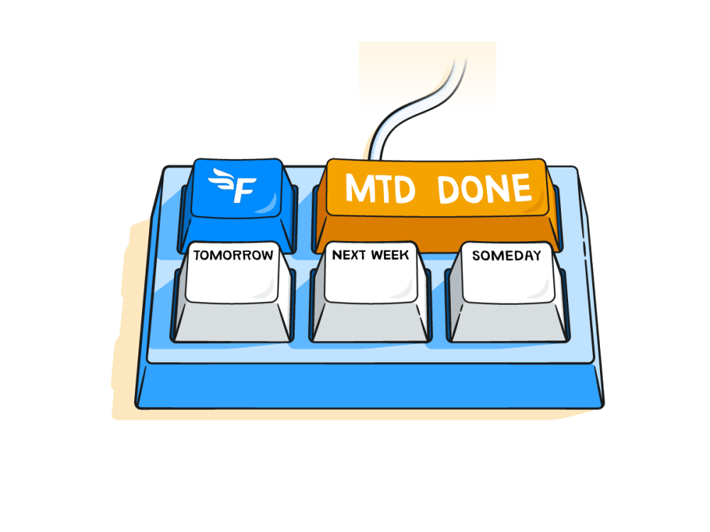 Illustration of a keyboard with the FreeAgent logo, MTD Done, and timings