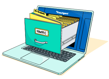 an illustration of a laptop with a green filling cabinet drawer that reads 'HMRC'
