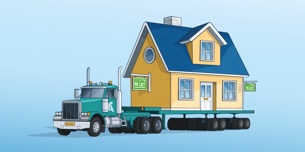An illustration of a small house on a flatbed truck