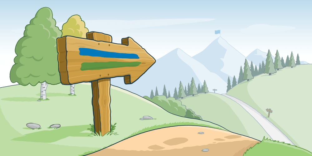 Illustration of signpost with coloured markings indicating different nature trail paths pointing towards the summit.