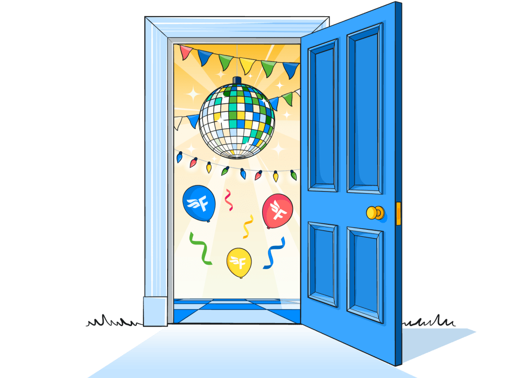 An open door with a party inside, with disco ball, balloons and confetti flying around.
