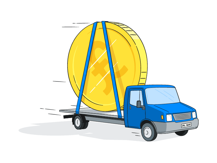 Illustration of a flatbed truck transporting a giant coin on its back.