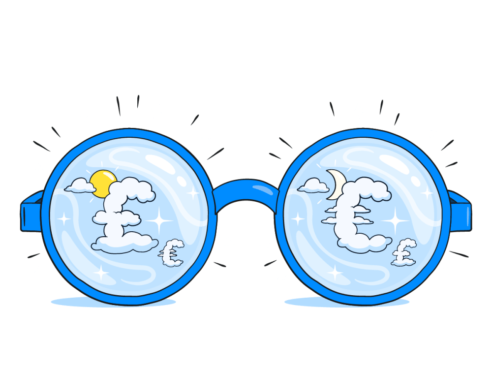 Illustration of a pair of glasses with clouds in the shape of pound signs reflected in the lenses