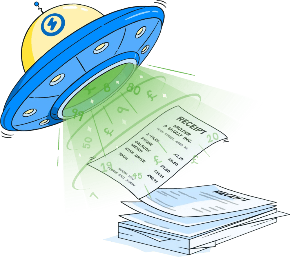 Illustration of a flying saucer using its tractor beam to collect receipts from a pile