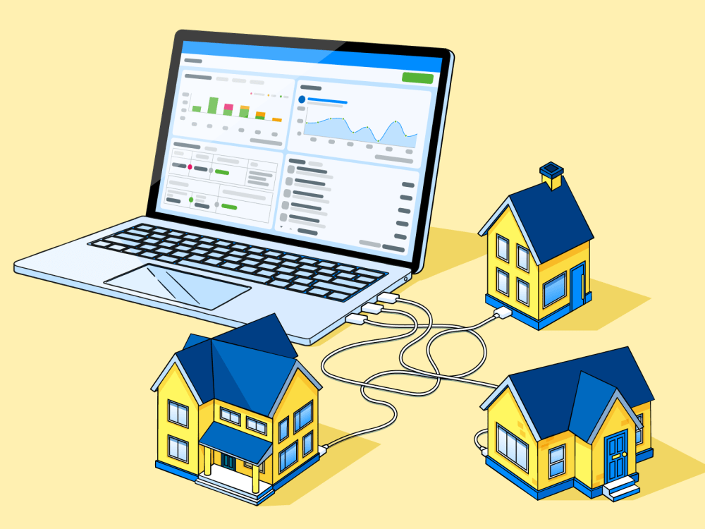 A laptop running FreeAgent connected to three separate properties via USB cables.