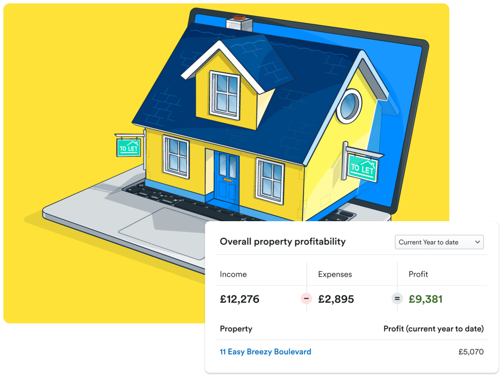 A laptop with a house for let hovering above the keyboard. A separate panel shows part of the overall property profitability screen of the FreeAgent app.