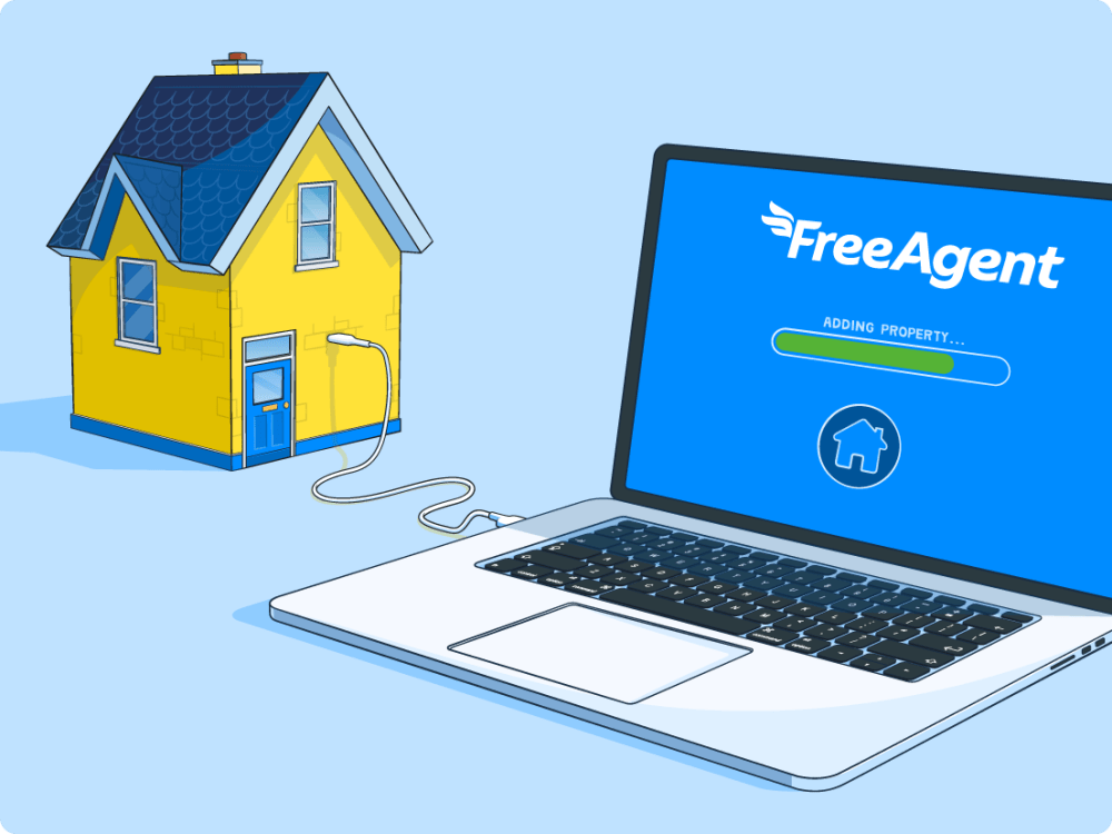 Illustration of a model house being plugged into a laptop with a cable with text reading 'adding property' on screen
