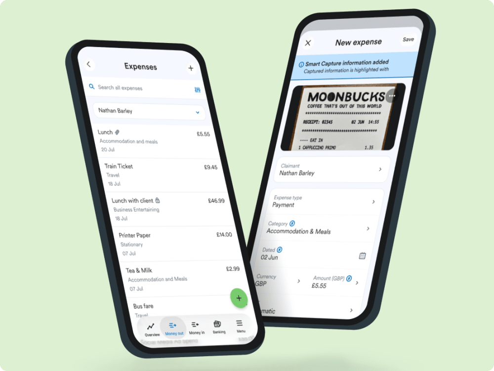 Two mobile phones showing the Expenses page and Smart Capture feature in FreeAgent.
