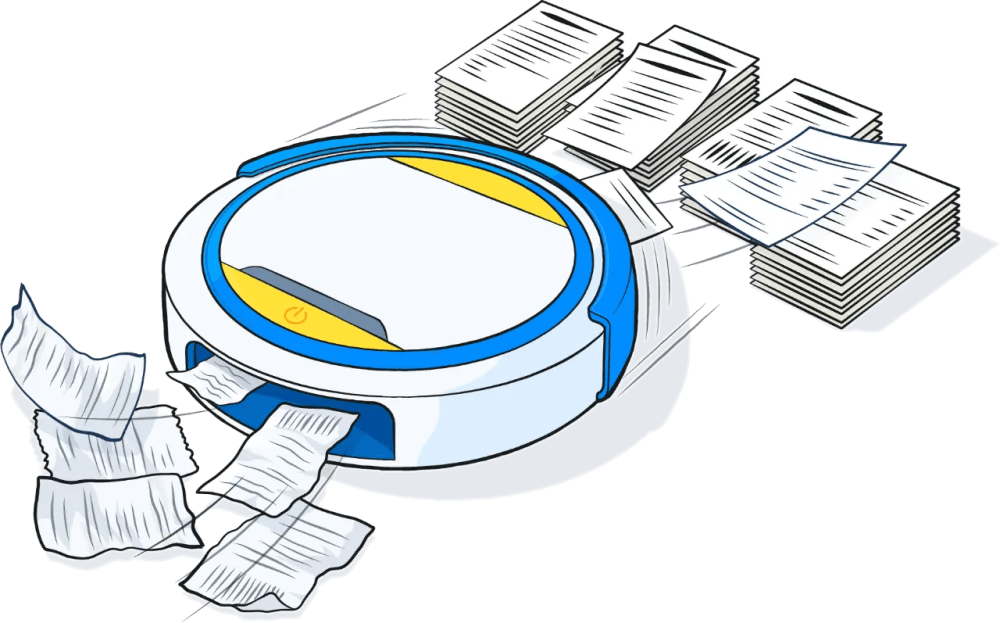 Illustration of a robotic vacumm sucking up receipts which it then ejects behind into organised piles.