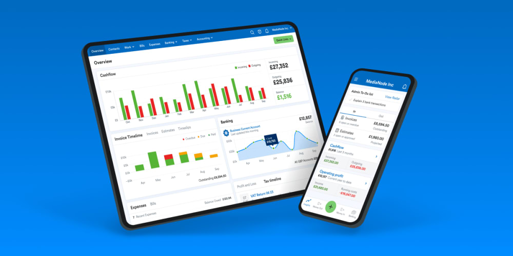 A tablet and smartphone, both showing FreeAgent's overview screen