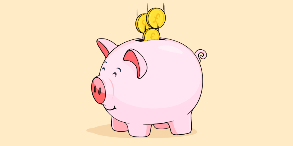 Happy piggy bank with money coming in