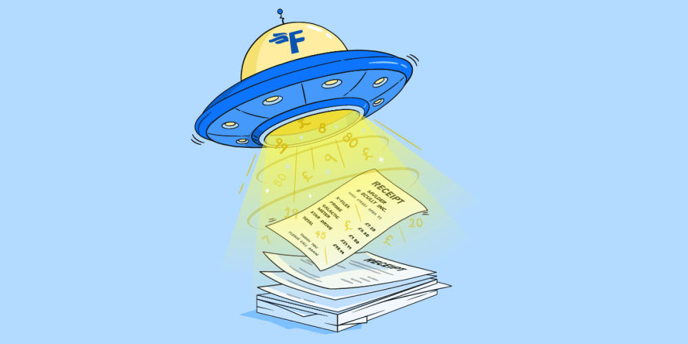Flying saucer beaming up/scanning a pile of receipts