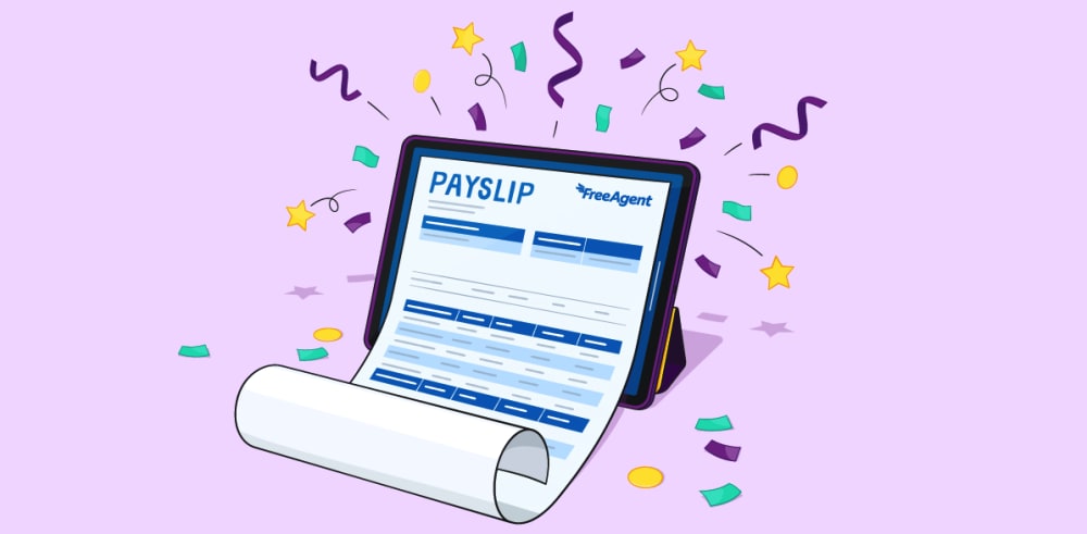 A tablet device surrounded by confetti with a payslip unfurling from the screen.