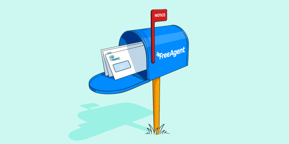 An illustration of a FreeAgent-branded American-style mailbox full of HMRC