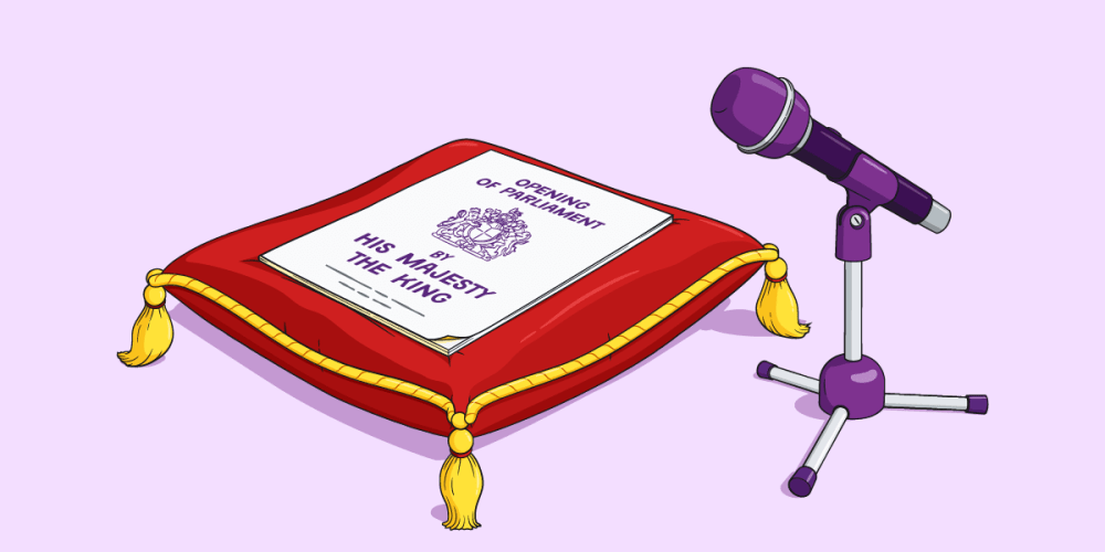 Illustration of a microphone standing beside the King’s Speech atop a golden-edged pillow.