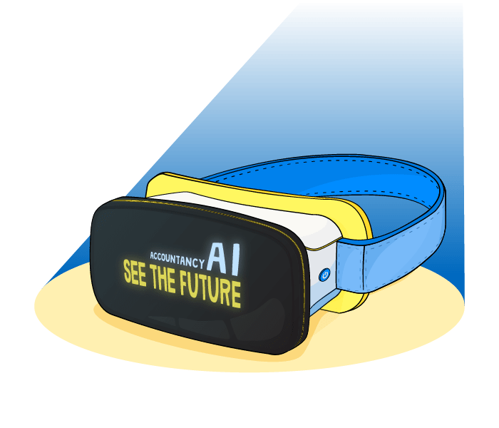 Virtual reality goggles with 'The future of AI in accountancy' written on the front