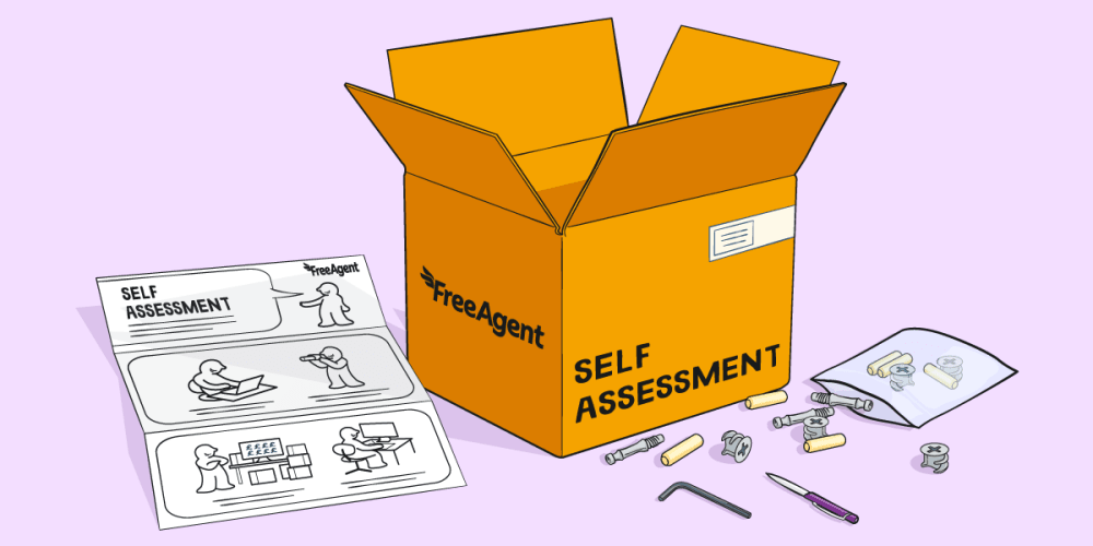 A cardboard box in the style of a flat-pack furniture kit, surrounded by various tools and an instruction sheet labelled 'Self Assessment'