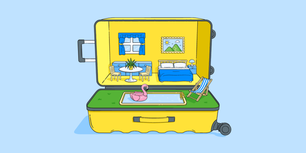 Illustration of an open suitcase where its interior is a miniature holiday home - complete with swimming pool.