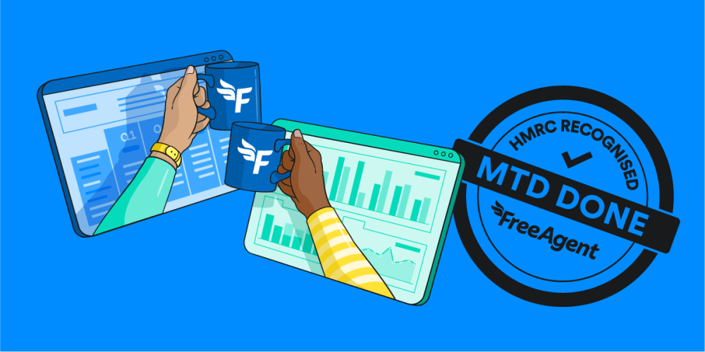 Two people clinking mugs in front a screen