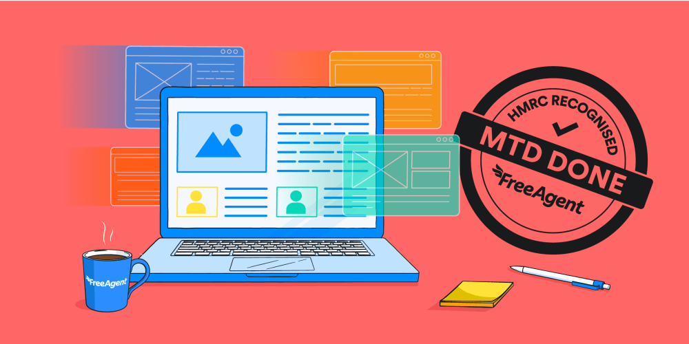 Laptop next to a mug and an "MTD Done" FreeAgent stamp
