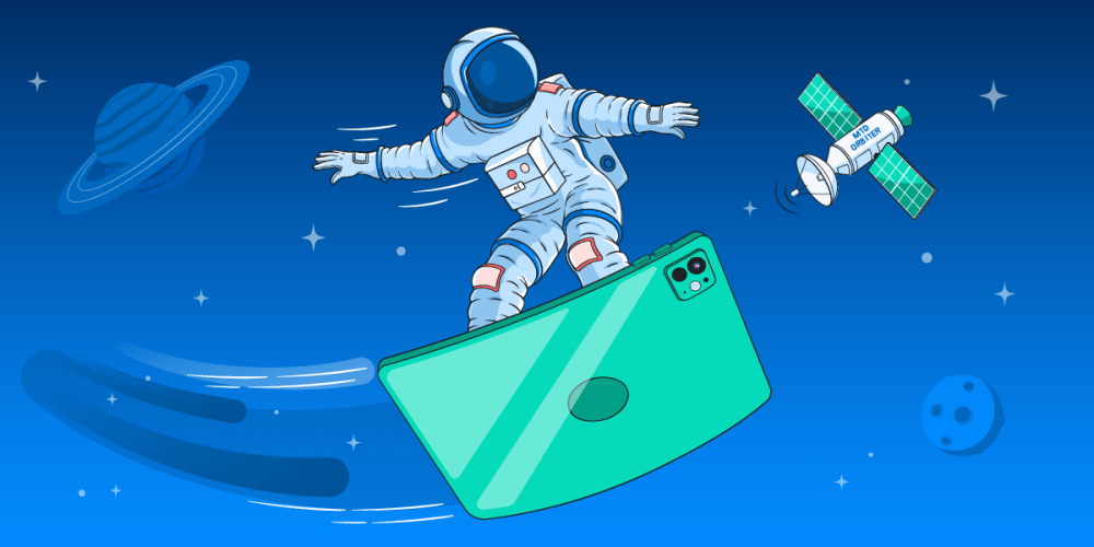 Person in a spacesuit soaring through space on a tablet