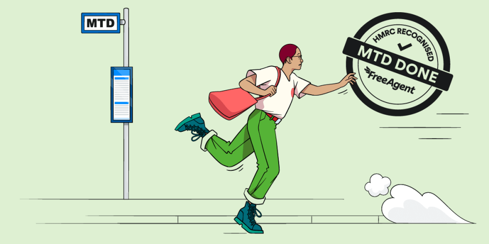 Woman running because she’s missed the bus, with the FreeAgent MTD Done stamp in the background.