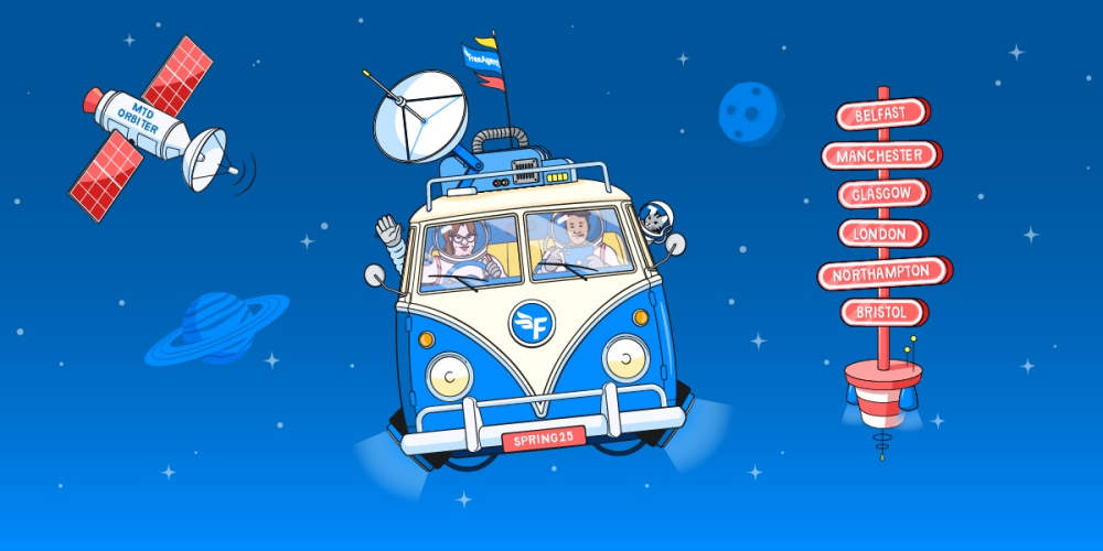 Illustration of a blue and white VW bus with yellow interior flying through space, past a satellite labelled 'MTD Orbiter' and passing a sign post with all the locations of the roadshow on the wooden panels.