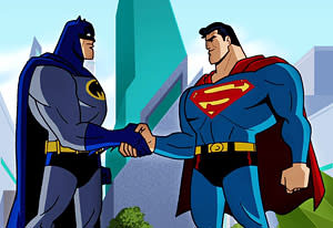 Superman and Batman shake hands