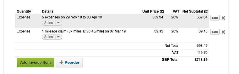 Expenses grouped on one line on an invoice.