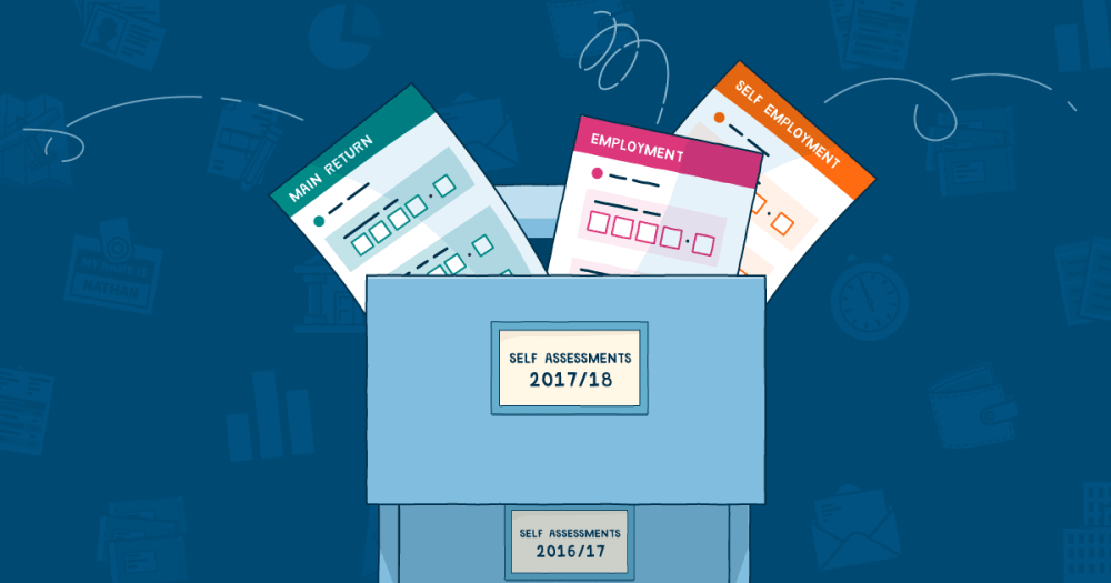 Filing cabinet marked Self Assesssment with completed tax return pages marked filed