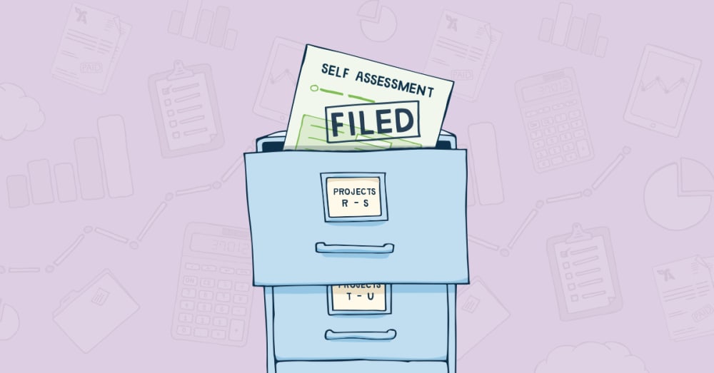 Filing cabinet marked Self Assesssment with completed tax return pages marked filed