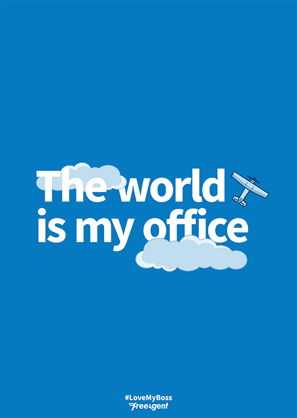Top down illustration of an aeroplane flying past the words 'The world is my office'.