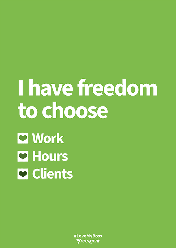 A checklist of benefits to being self-employed that says 'I have freedom to choose, Work, Hours, Clients'.