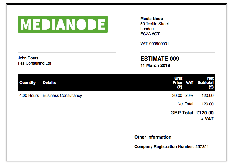 Example of a VAT-exclusive estimate