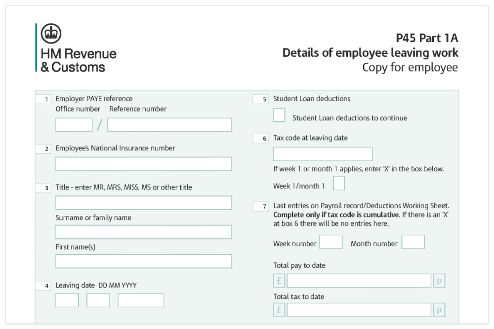 Part 1A of a P45 form, asking for details of the employee leaving work including National Insurance number, Tax Code and leaving date.