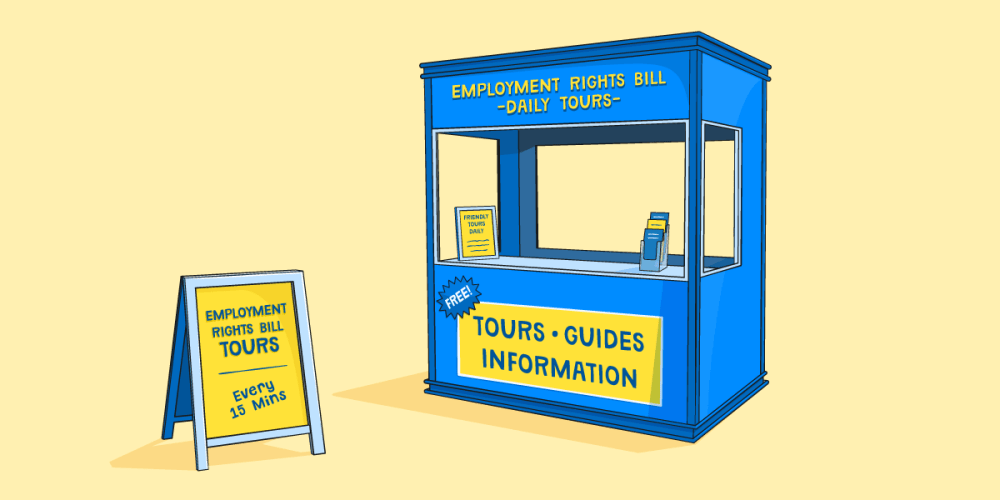 Booth and sign board advertising free tours, guides and information about the Employment Rights Bill.