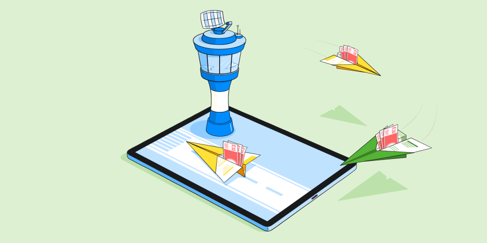 Illustration of an air traffic control tower arranging paper planes with bank notes folded in their wings landing on a runway.