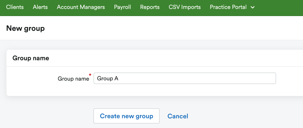 Screenshot of the 'New group' screen in the Practice Dashboard, showing a 'Group name' field and a 'Create new group' button.