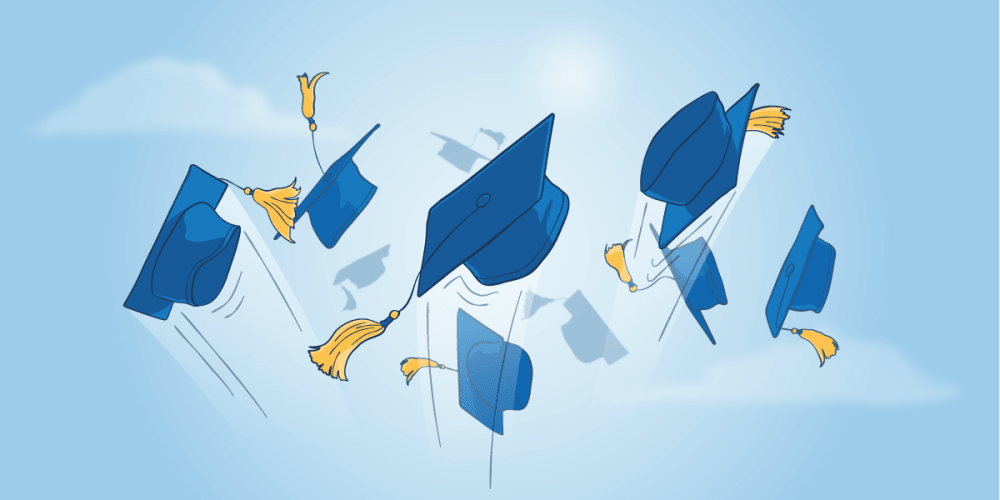 Mortar board hats fly in the air on a blue background