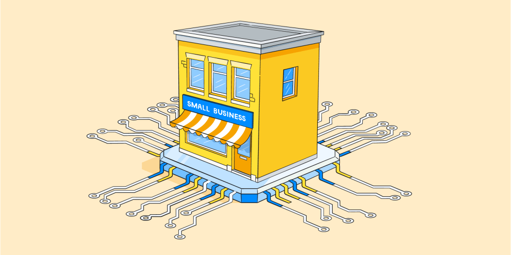 Small business shop front sitting on a computer chip with connections spreading outwards.