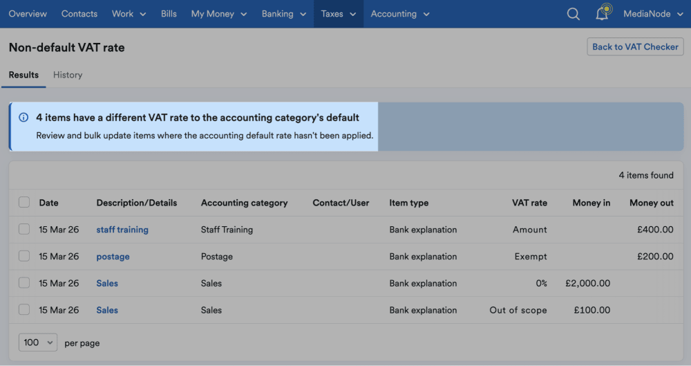 A screenshot of the new VAT checker showing that 4 items have a different VAT rate to the accounting category's default and reminding that the user can review and bulk-update items when the rate is different from the accounting category's default.