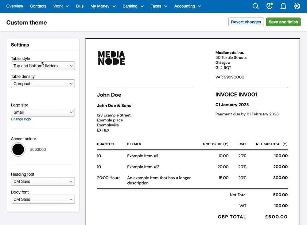 Invoice customisation in FreeAgent