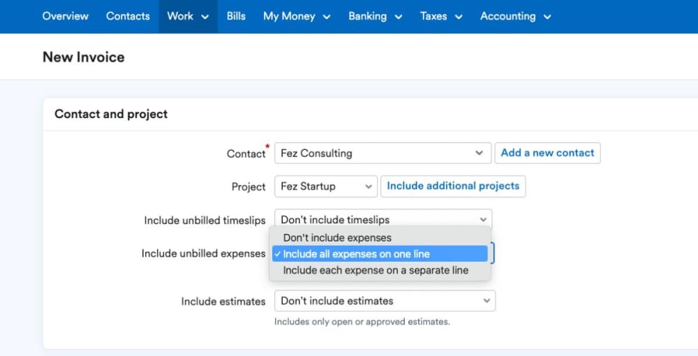 FreeAgent's New Invoice screen, showing a dropdown menu to include unbilled expenses.