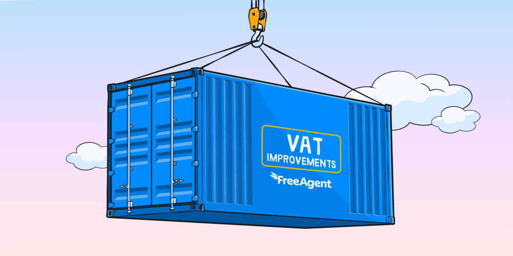 A giant crate hanging from a crane, labelled 'VAT improvements, FreeAgent'