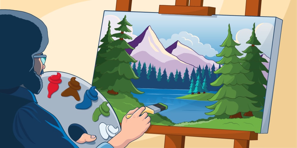 An illustration is shown of Bob Ross, the famous TV painter, painting a landscape. 