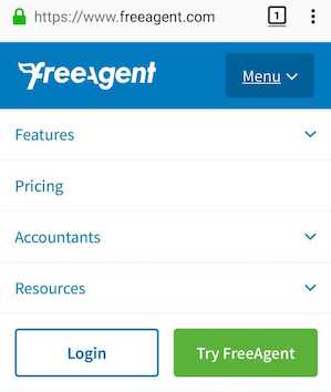 The image is a screenshot of the FreeAgent website on a mobile browser. It shows a drop down menu with the login button on it.