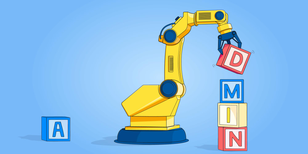 Robot stacking children's blocks which spell out 'admin'
