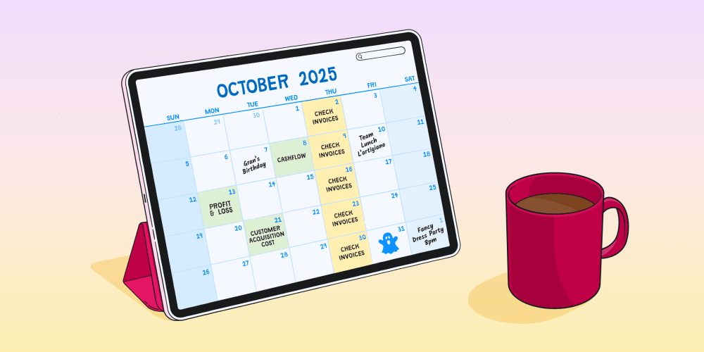 Monthly calendar showing regular tasks like ‘Check invoices’ and ‘Cashflow’.