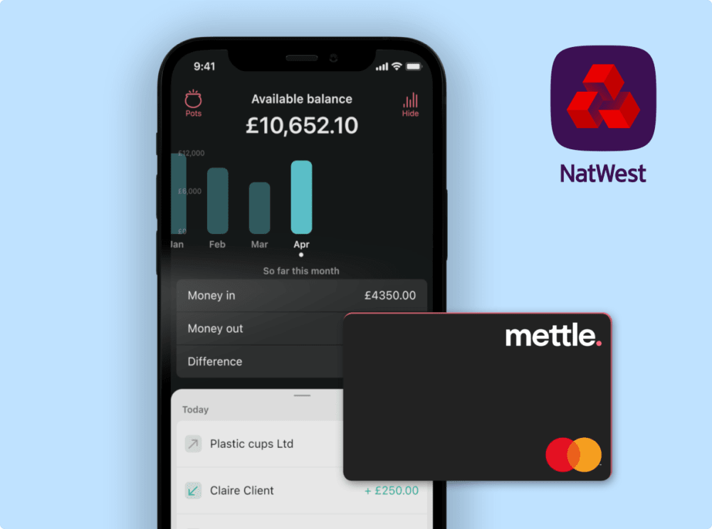 A Mettle bank card and a mobile phone displaying available balance in the Mettle app.